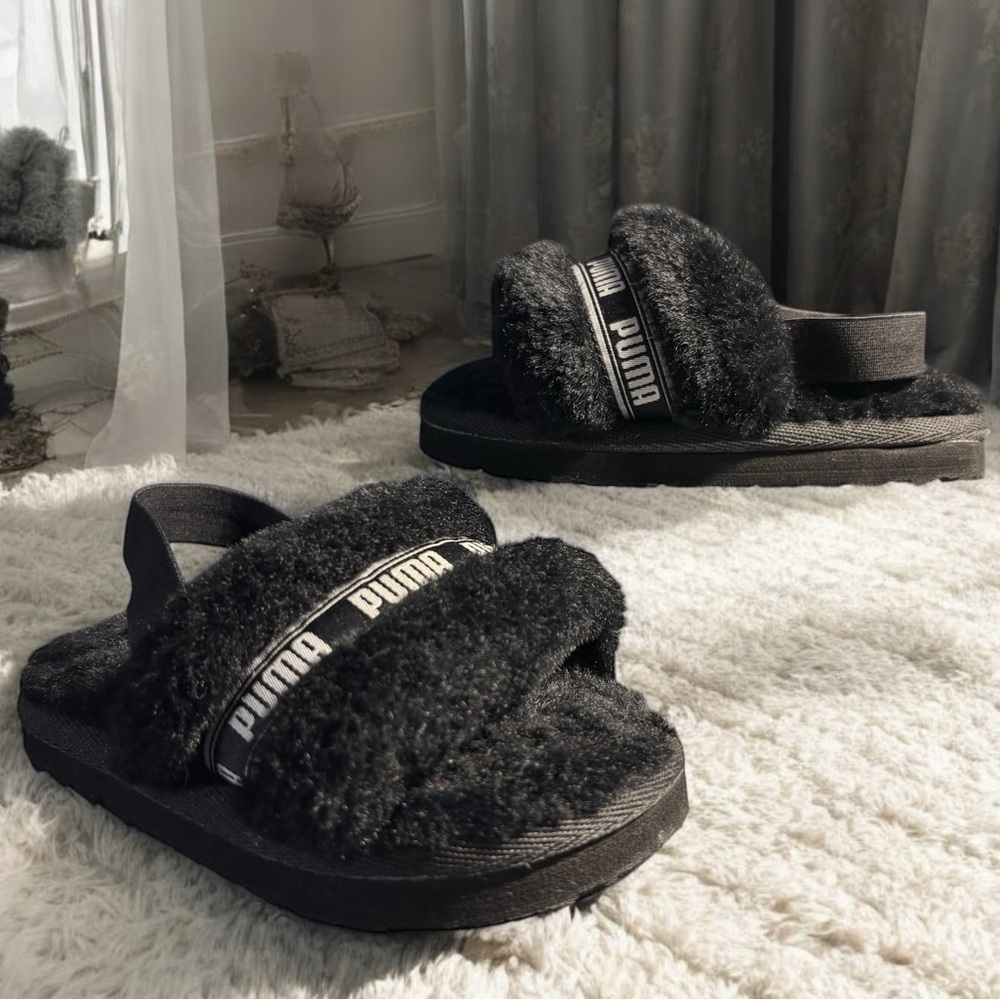 Toddler Puma Black Crossover Faux Fur slippers - Size 6C
